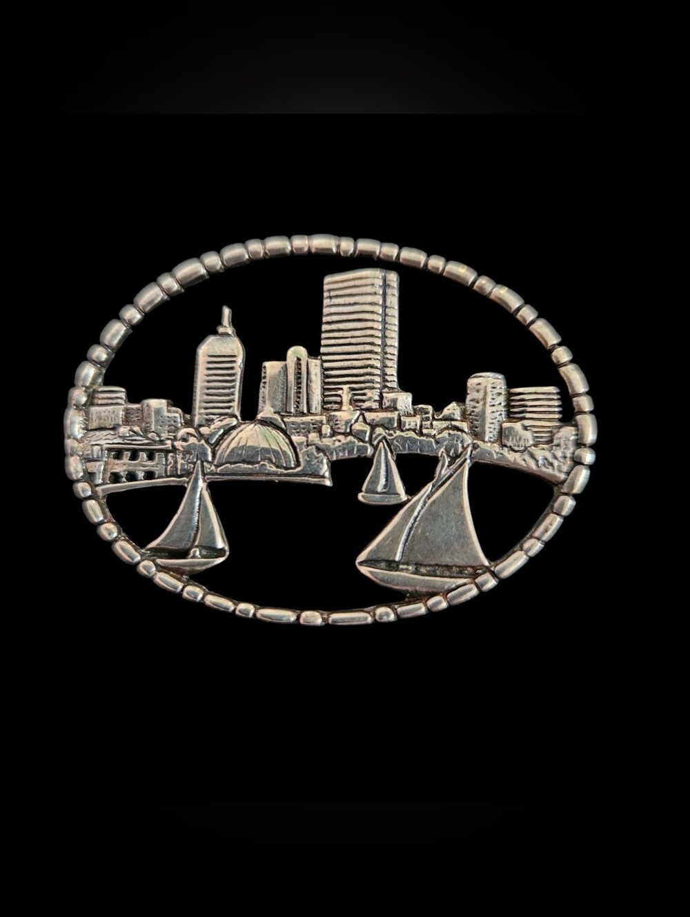 VTG H&H De MATTEO BOSTON SKYLINE STERLING SILVER 925 BROOCH PIN SEAPORT 3"